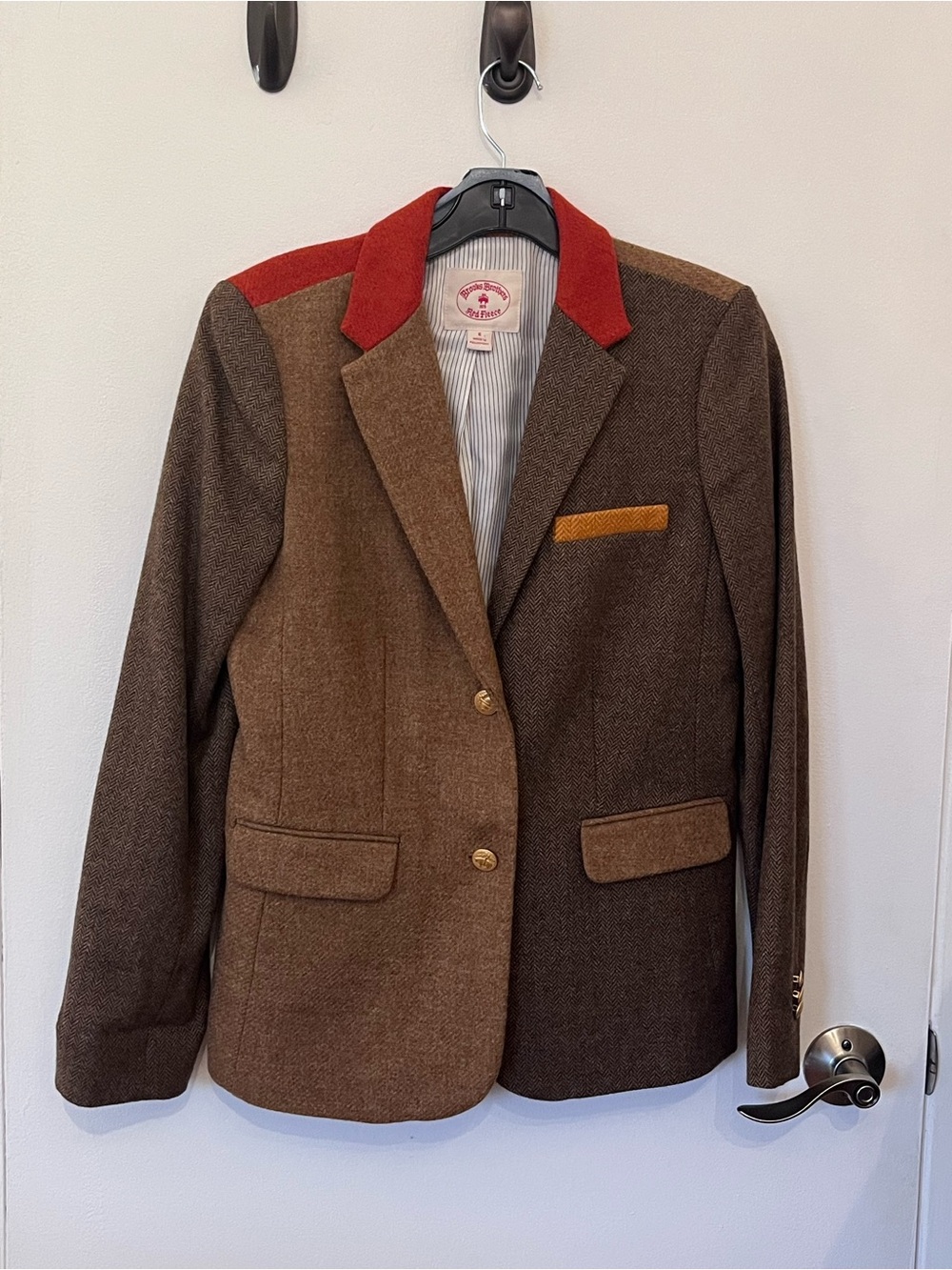 Tan and Brown Two-Tone tweed Blazer with orange collar